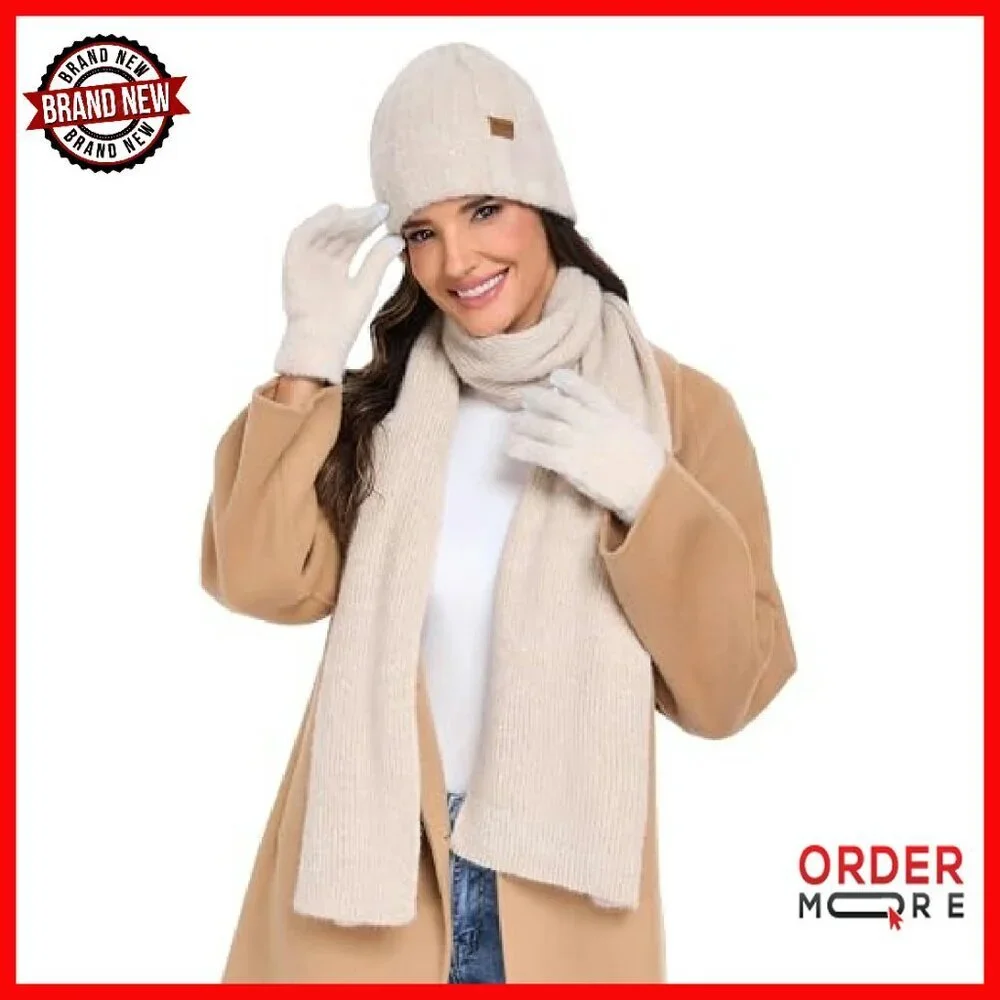 Premium Winter Beanie Scarf Gloves Set Touchscreen Warm Unisex